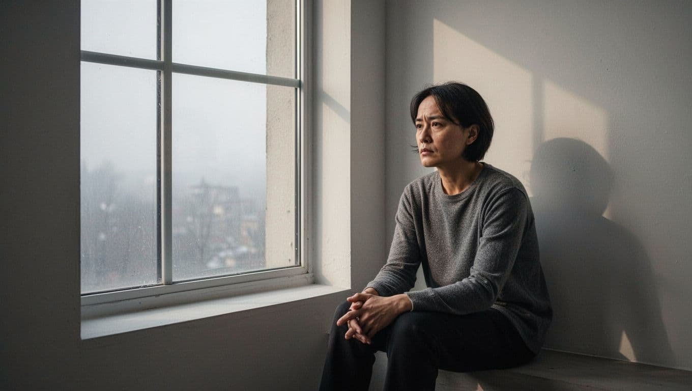 A person sits quietly beside a large window in soft morning light.