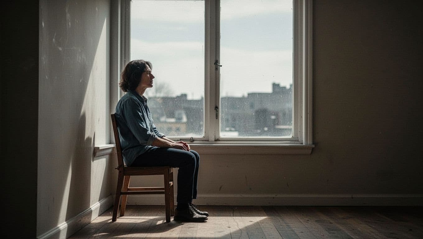 A person sits alone on a wooden chair beside a bright window.