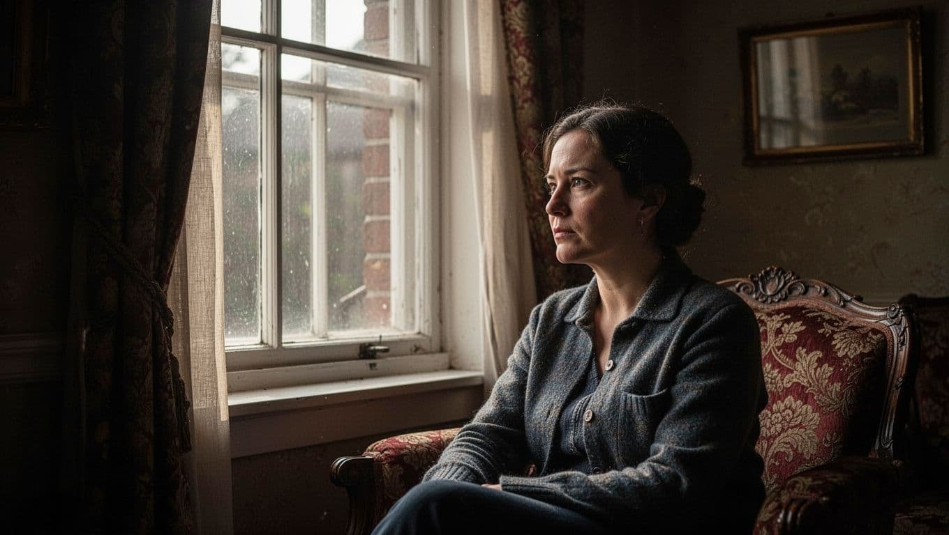A person sits beside a window in deep shadow, appearing lost in thought.
