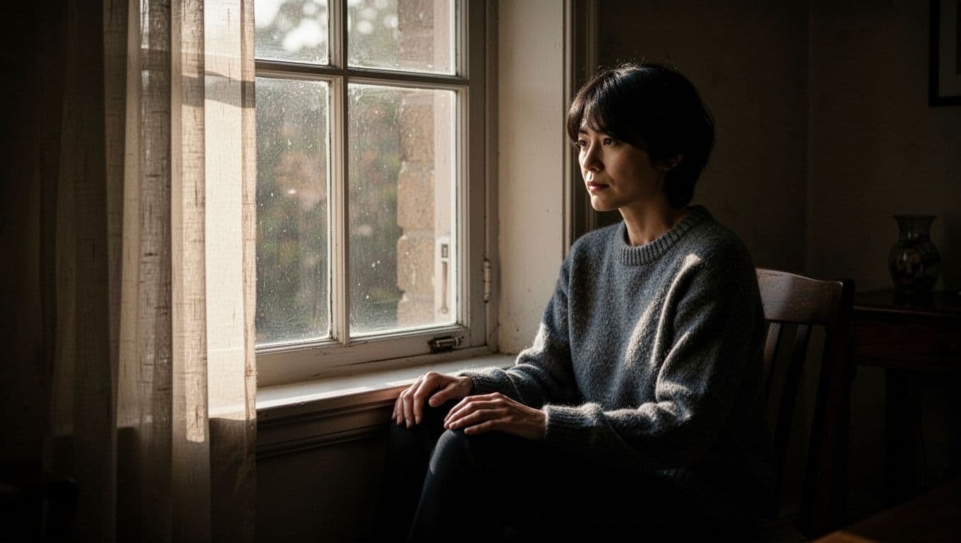 A lone person sits by a window in a shadowed quiet room.