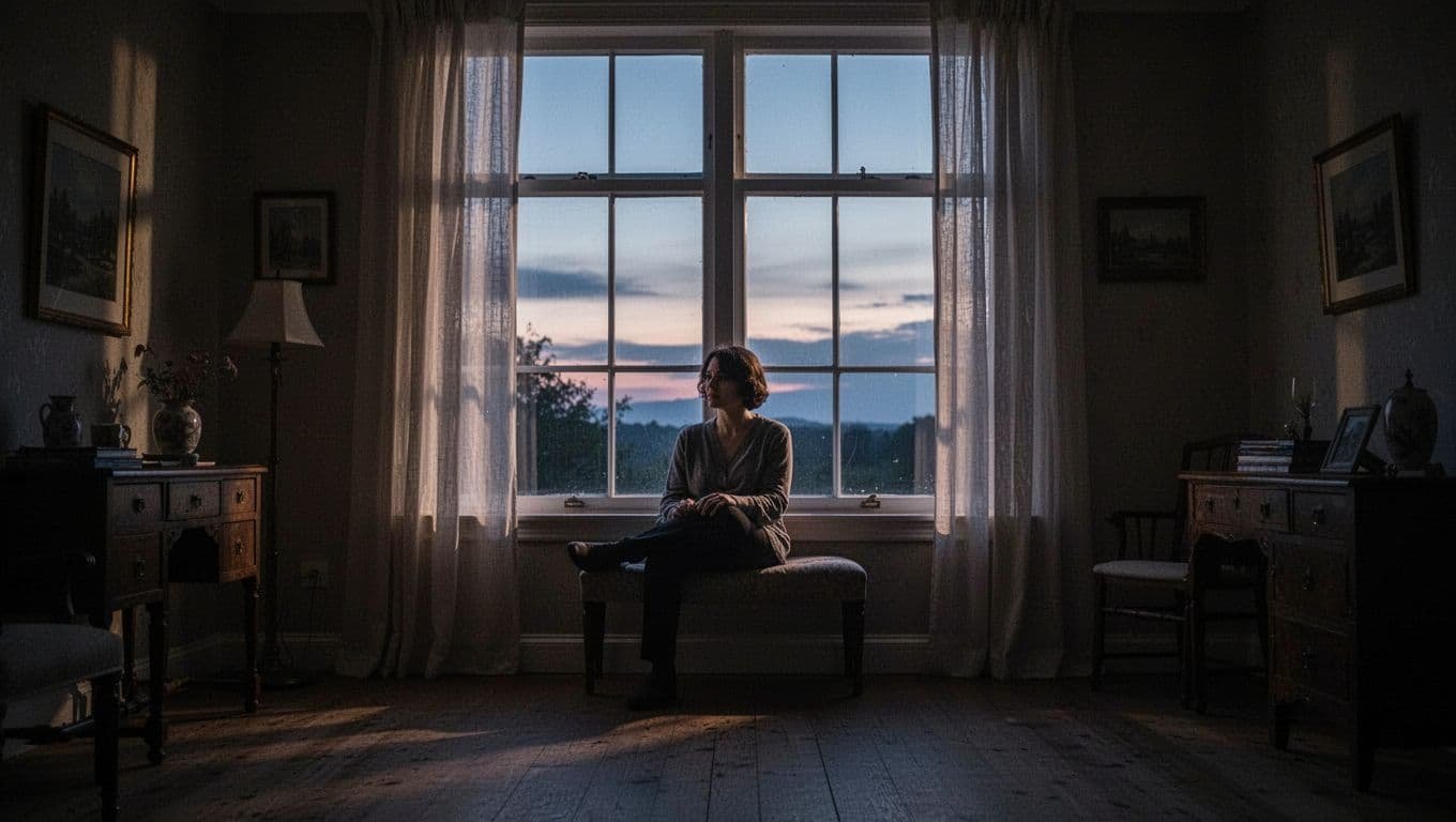 A person sits quietly beside a window in a dim room at dusk.