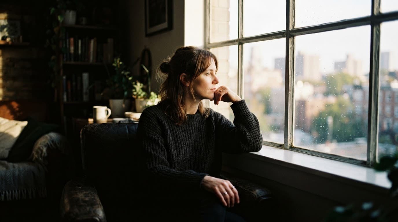 A person sits quietly beside a bright window, lost in thought.