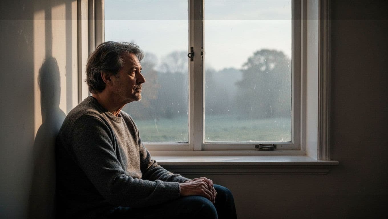 A person sits beside a window, thoughtfully watching their reflection in morning light.
