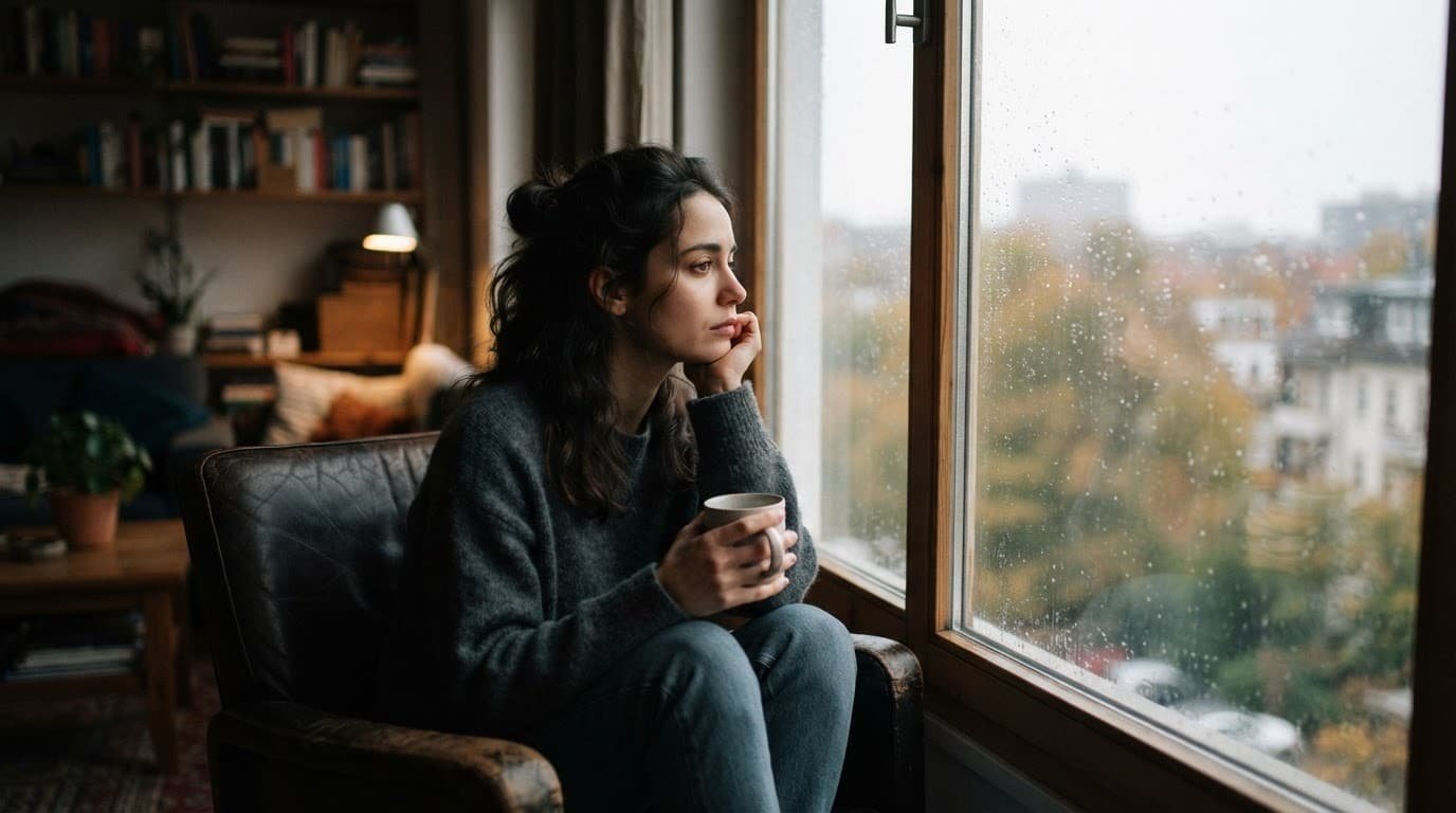 A person sits quietly beside a window, lost in thought.