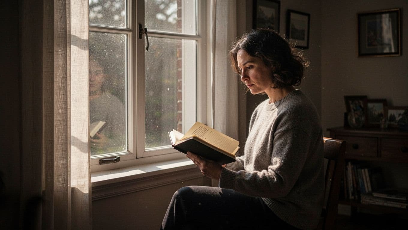A person sits by a window with an open journal in soft light.