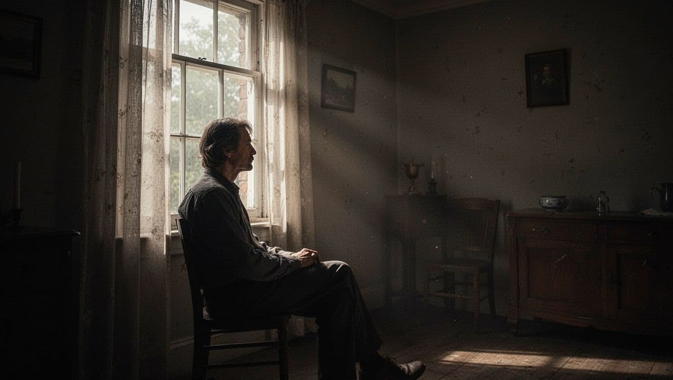 A person sits alone by a window in a dark, quiet room.