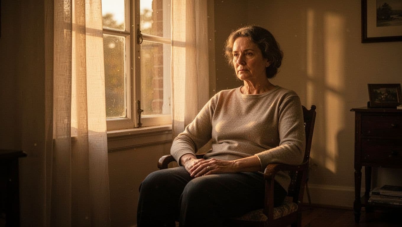 A person sits alone beside a window in dramatic afternoon light.