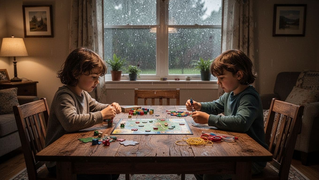Children play board games and make crafts at a wooden table in a cozy room.