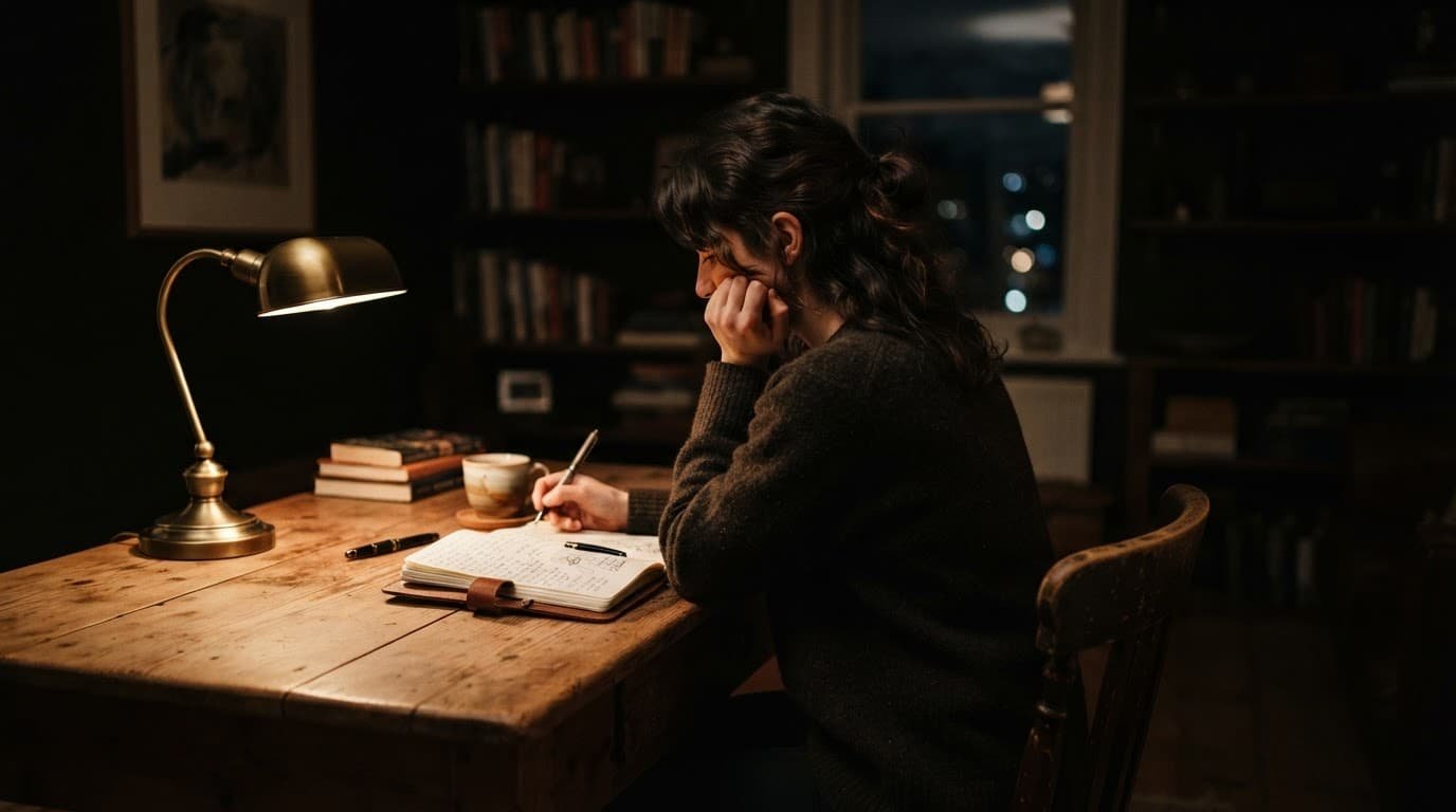 A person writes in a notebook beside a warm desk lamp in a quiet room.