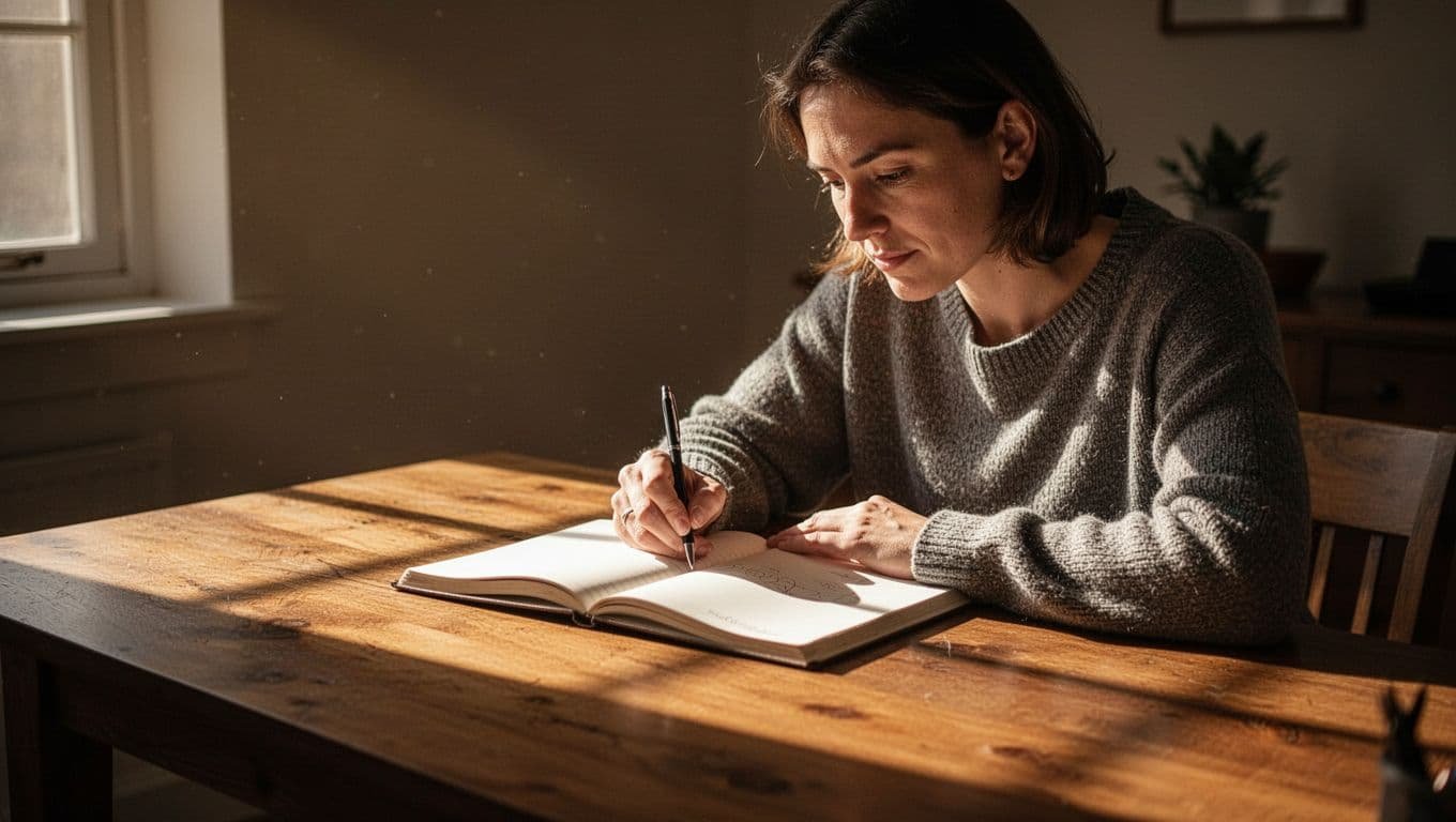 A person reflects at a wooden desk beside an open notebook in warm light.