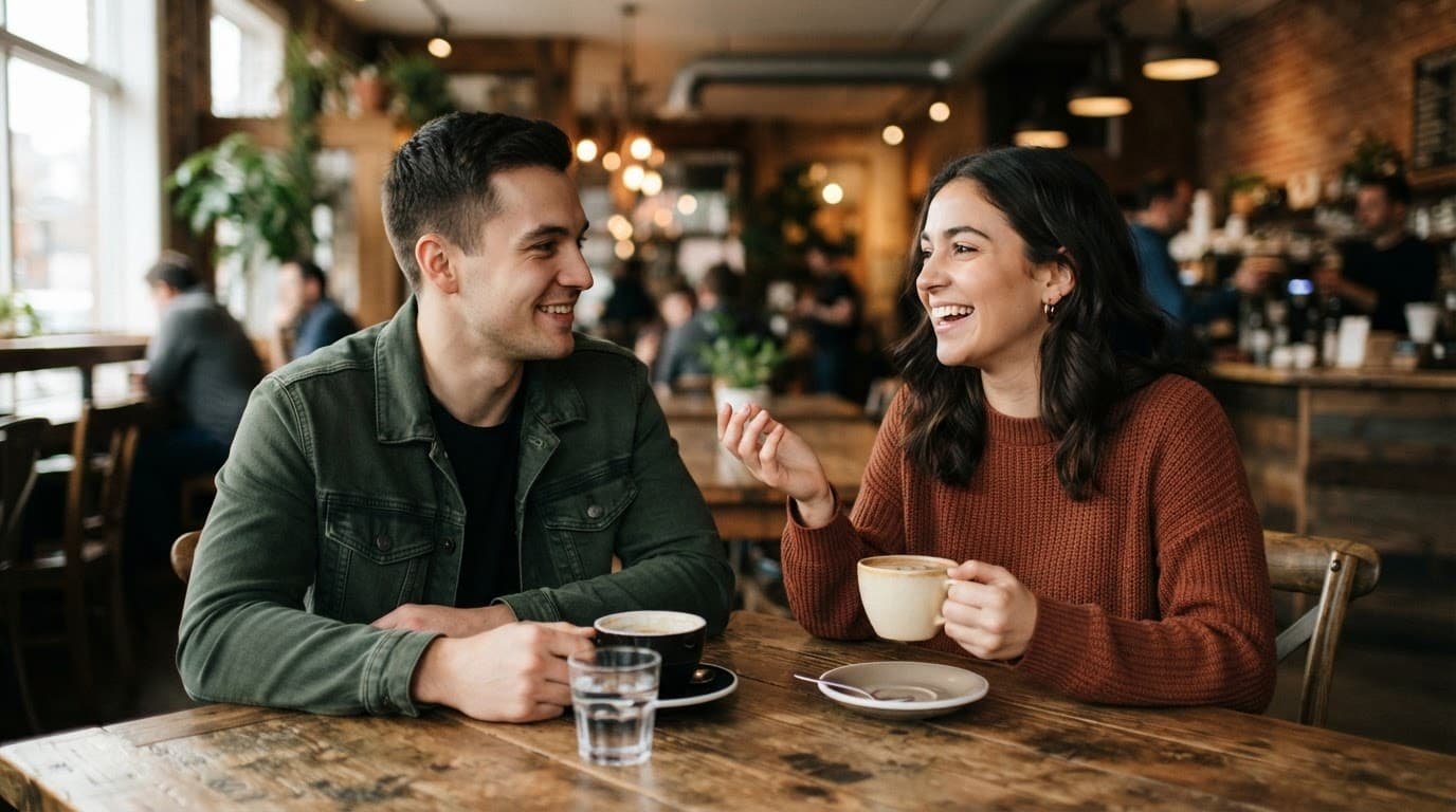 Two people having a relaxed conversation at a wooden cafe table.