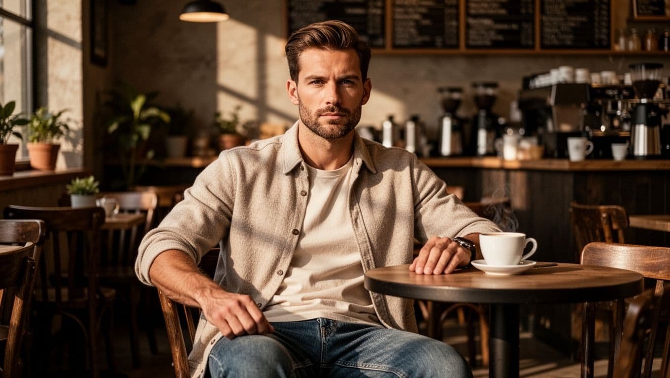 A well-groomed man sits relaxed in a warmly lit coffee shop.