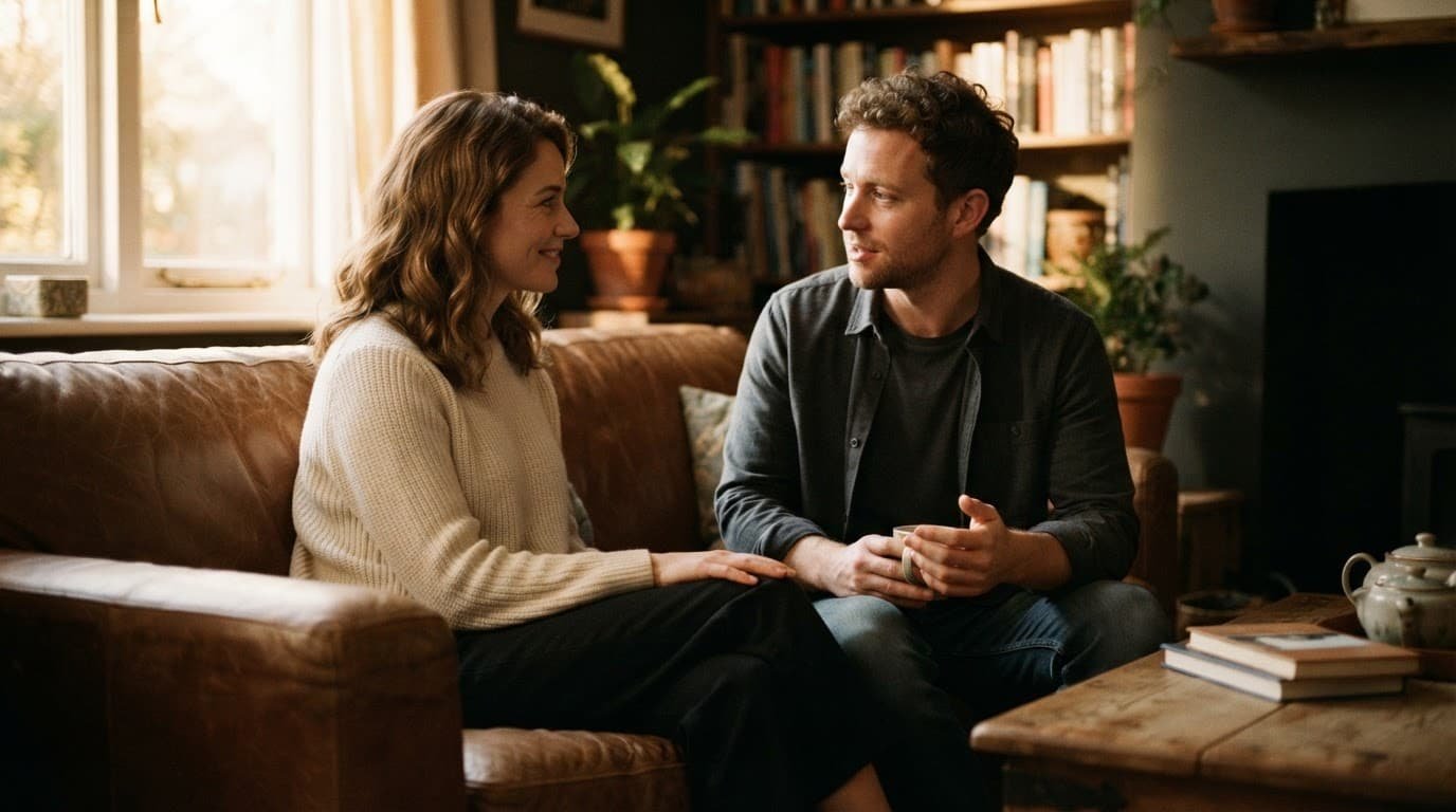 A man and woman having a calm conversation on a sofa in a cozy living room.