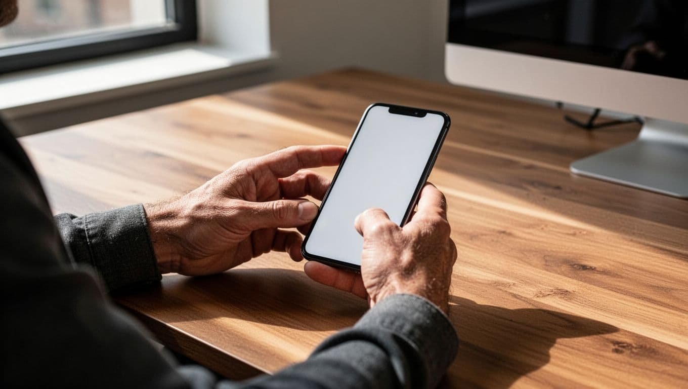 A person writes a message on a smartphone at a wooden desk.