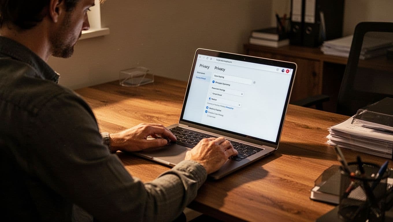 A person reviews privacy settings on a laptop at a wooden desk.