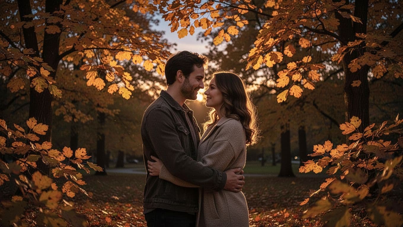 A couple embraces beneath autumn trees at dusk.