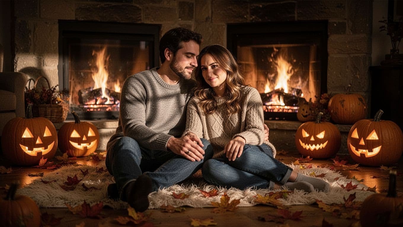 A couple sits by a fireplace surrounded by glowing pumpkins and autumn leaves.