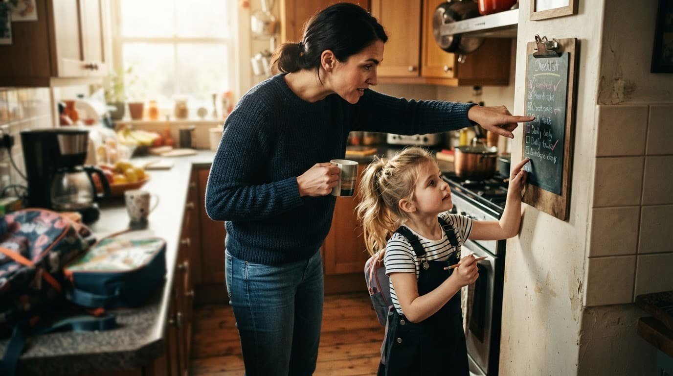 A parent and child review a checklist on the kitchen wall during breakfast time.