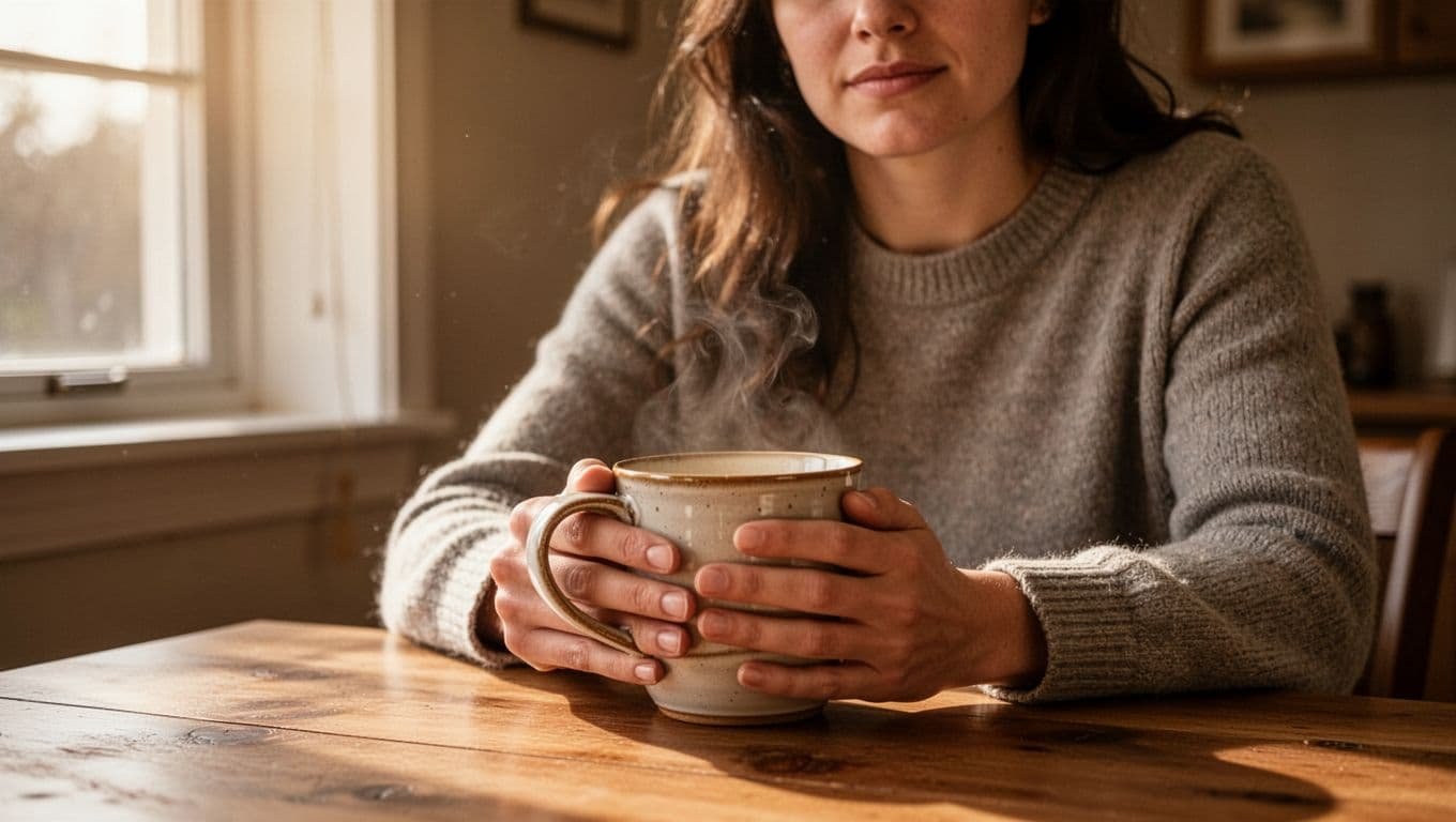 A person holds a warm mug beside a wooden table in soft morning light.