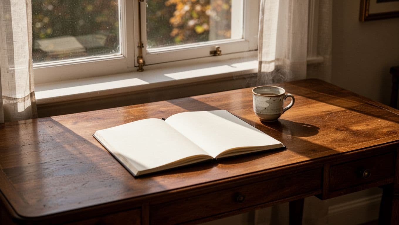 A wooden desk with an open notebook and ceramic mug in warm morning light.