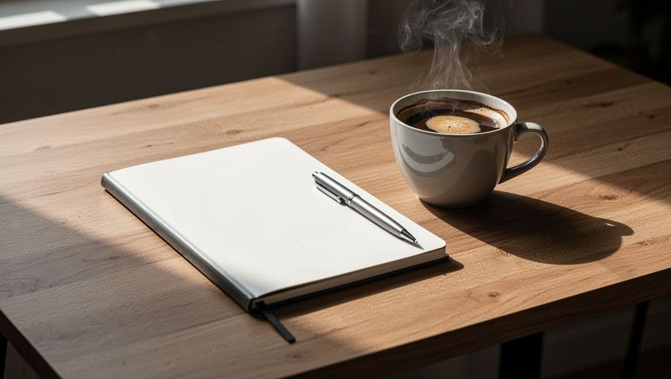 A journal, pen, and coffee cup sit on a sunlit wooden desk.