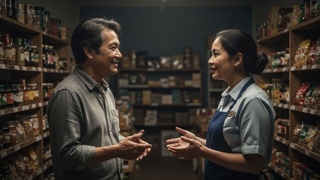 An adult customer calmly speaks with a store employee in a warmly lit shop.