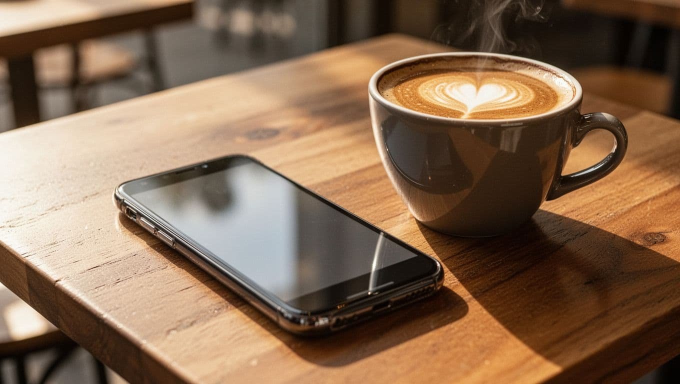 A smartphone and coffee cup sit on a sunlit wooden cafe table.