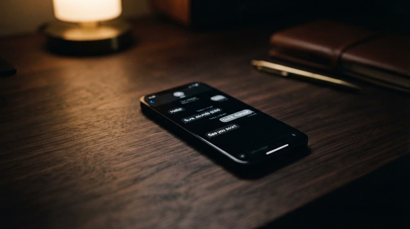 A smartphone displaying messages on a wooden desk under dramatic light.
