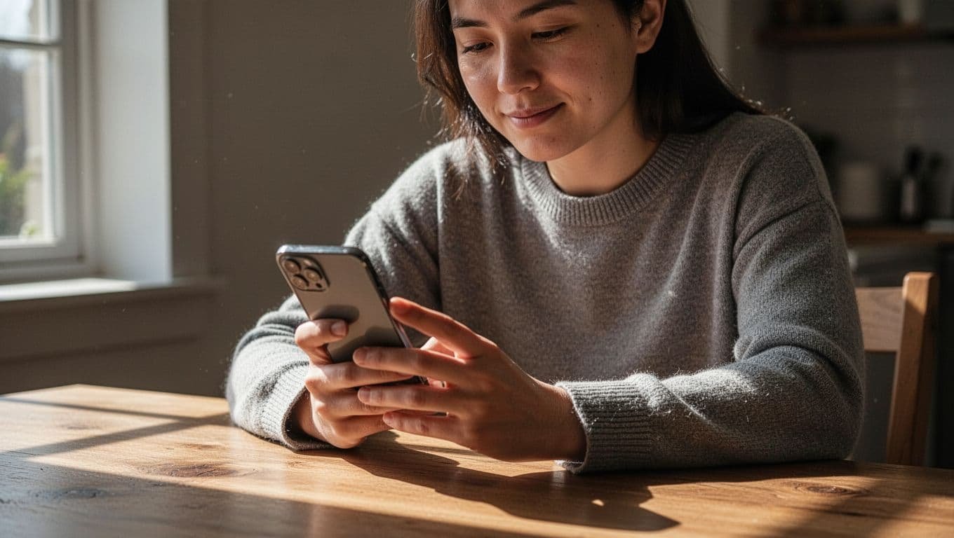 Calm person checking details on a smartphone at a wooden table.