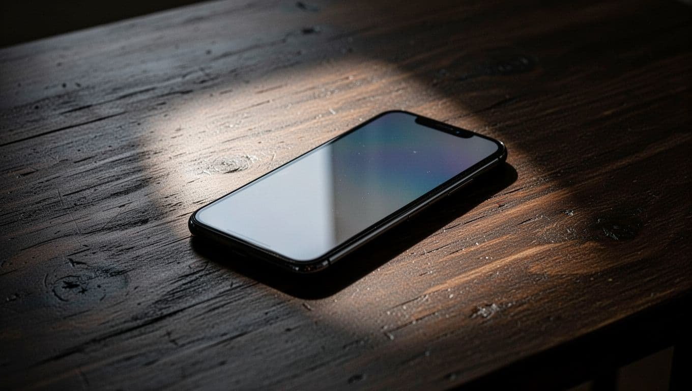 A smartphone glowing softly on a dark wooden surface.
