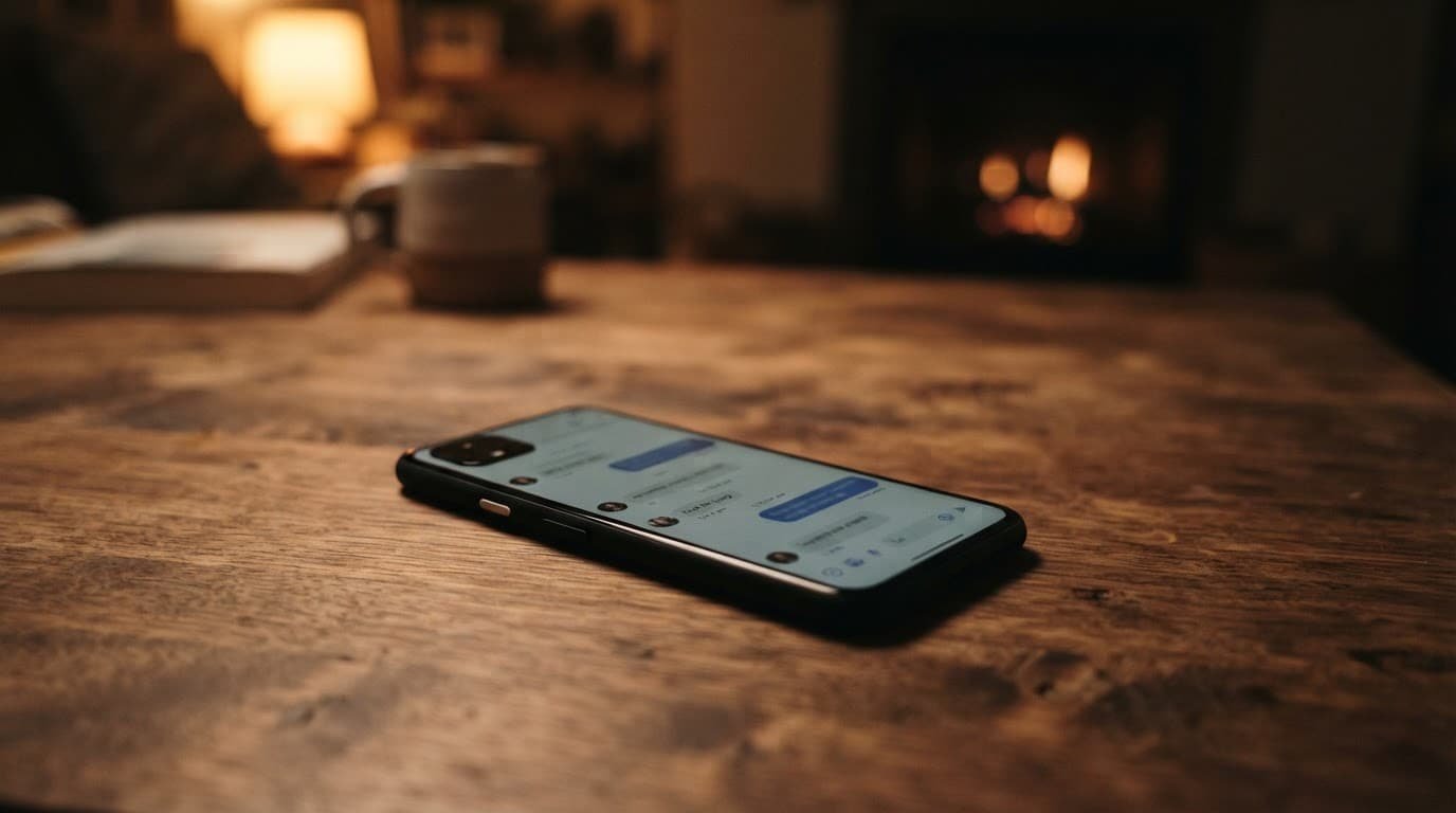 A smartphone resting on a wooden tabletop in soft indoor light.