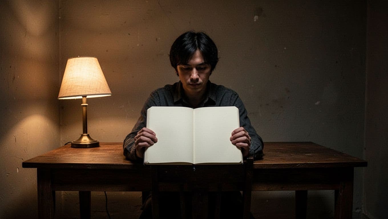 A person reflects over an open notebook at a desk in a dark room.