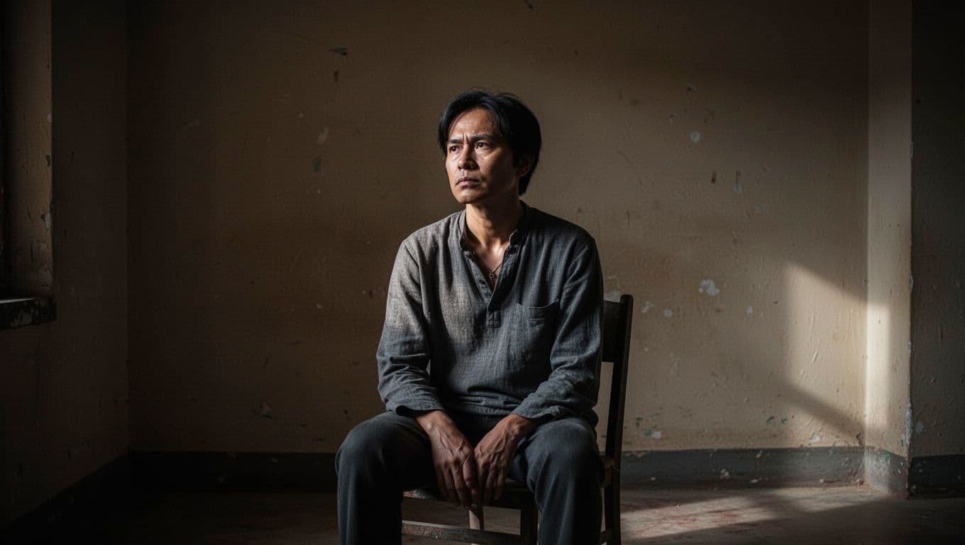 A person sits alone in a dark room with their hands clasped.