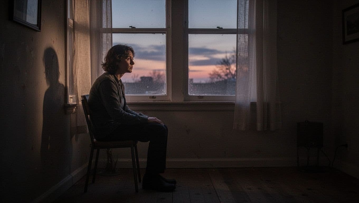 A thoughtful person sits alone beside a dim window at dusk.