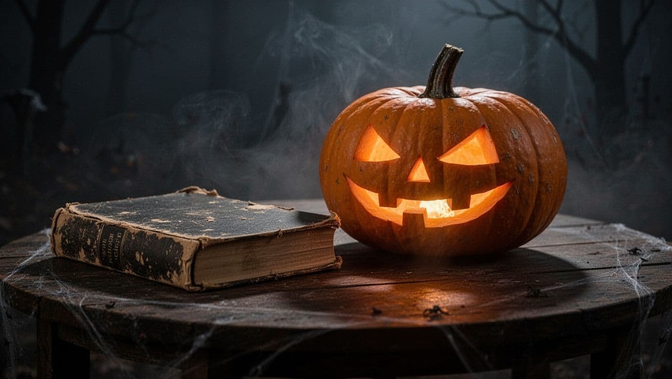 A glowing jack-o-lantern beside a weathered book in a dark setting.