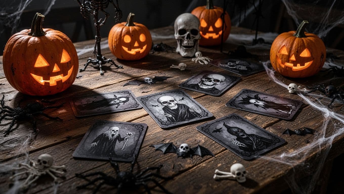 Spooky Halloween decorations and trivia cards arranged on a rustic wooden table.