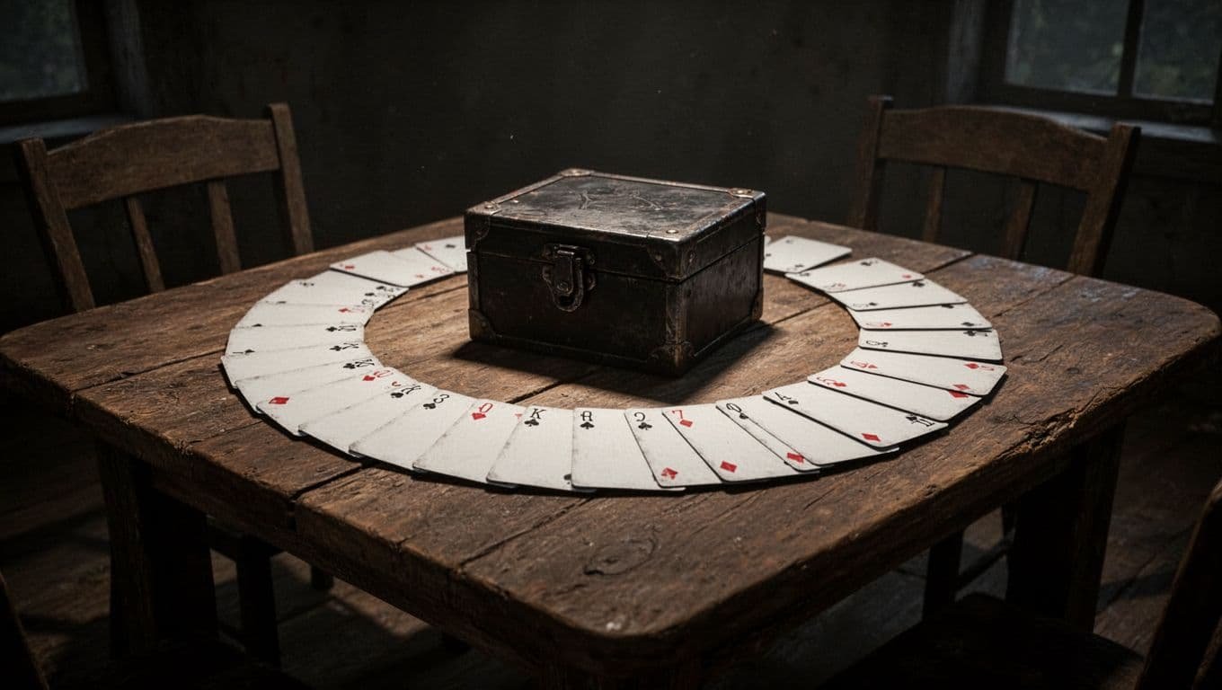 A wooden table with game cards, a spooky container, and dim party lighting.