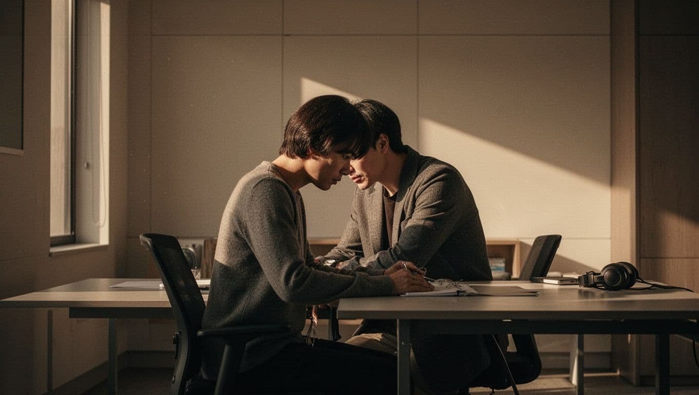 A person sits tensely at a desk in a softly lit modern room.