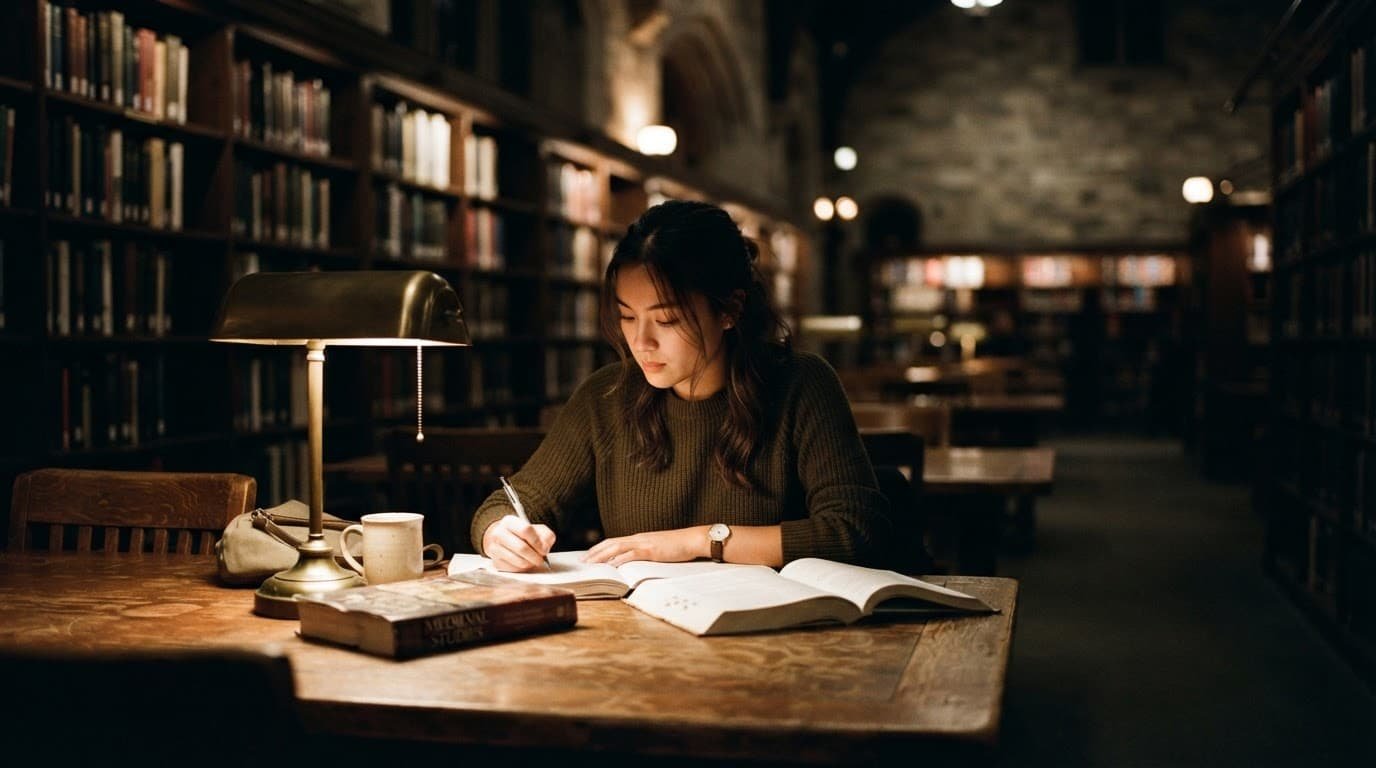 A student reads at a wooden table under a warm library lamp.
