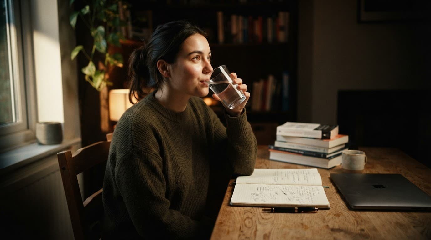 Student drinking water beside a notebook at a clean desk.