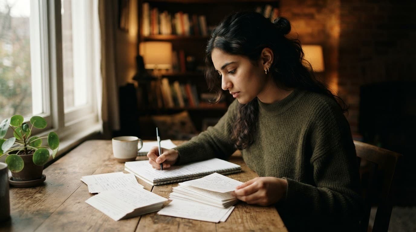 A student studies with flashcards and a notebook at a wooden desk.
