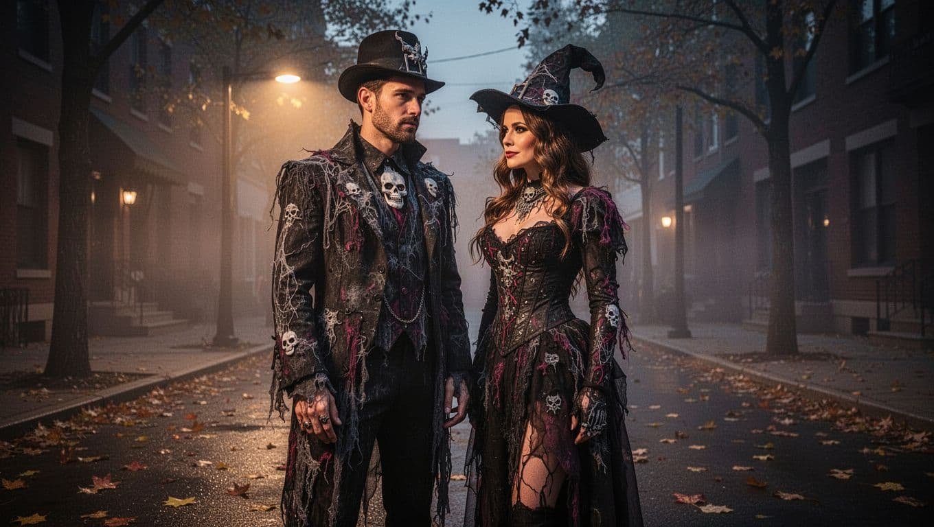 A man and woman pose together in coordinated Halloween costumes under dramatic lighting.