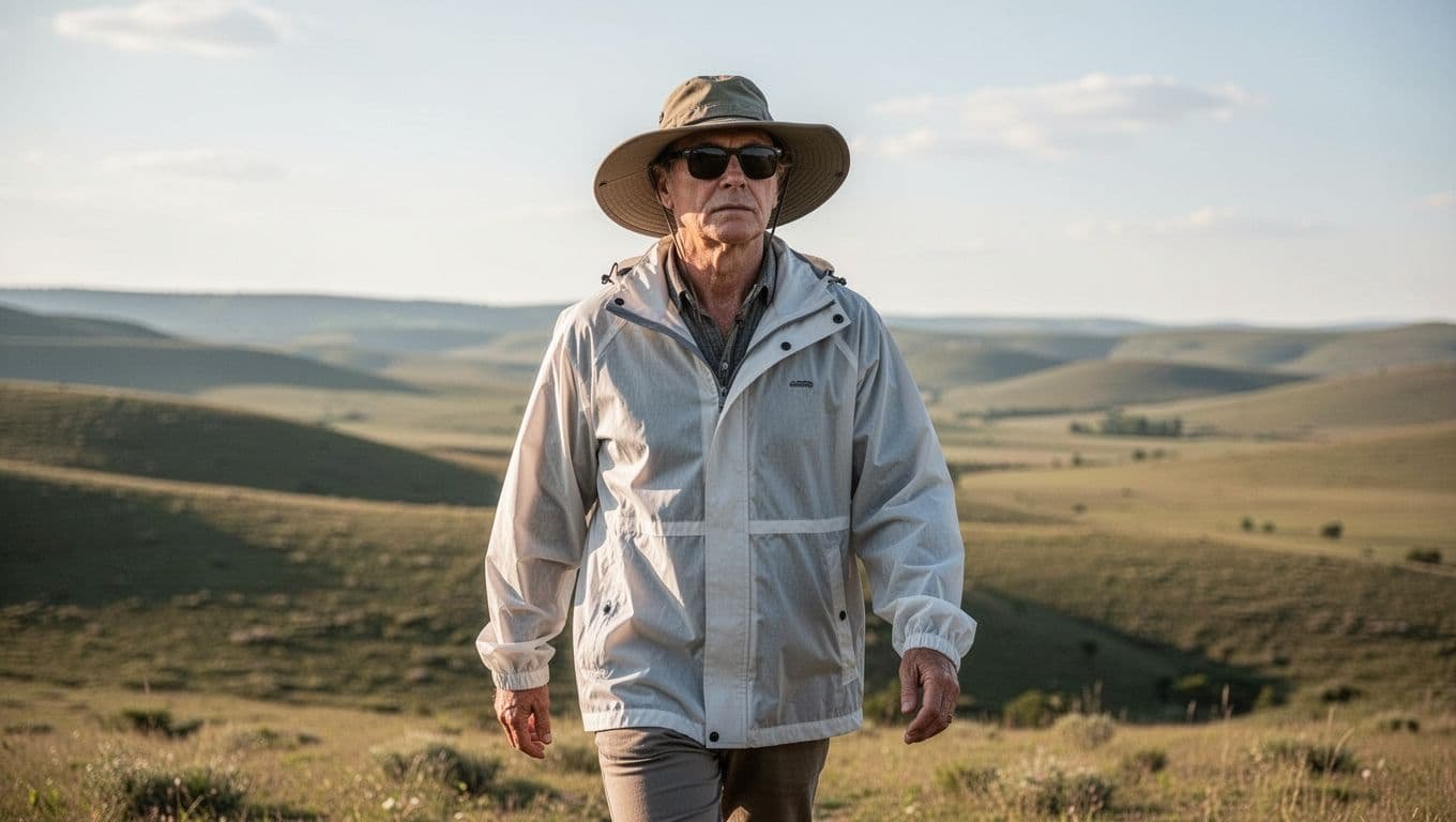A person in sunglasses and protective clothing walking outdoors in soft daylight.