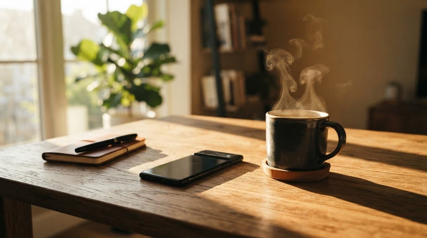 A smartphone and steaming coffee mug sit on a wooden desk in morning sunlight.