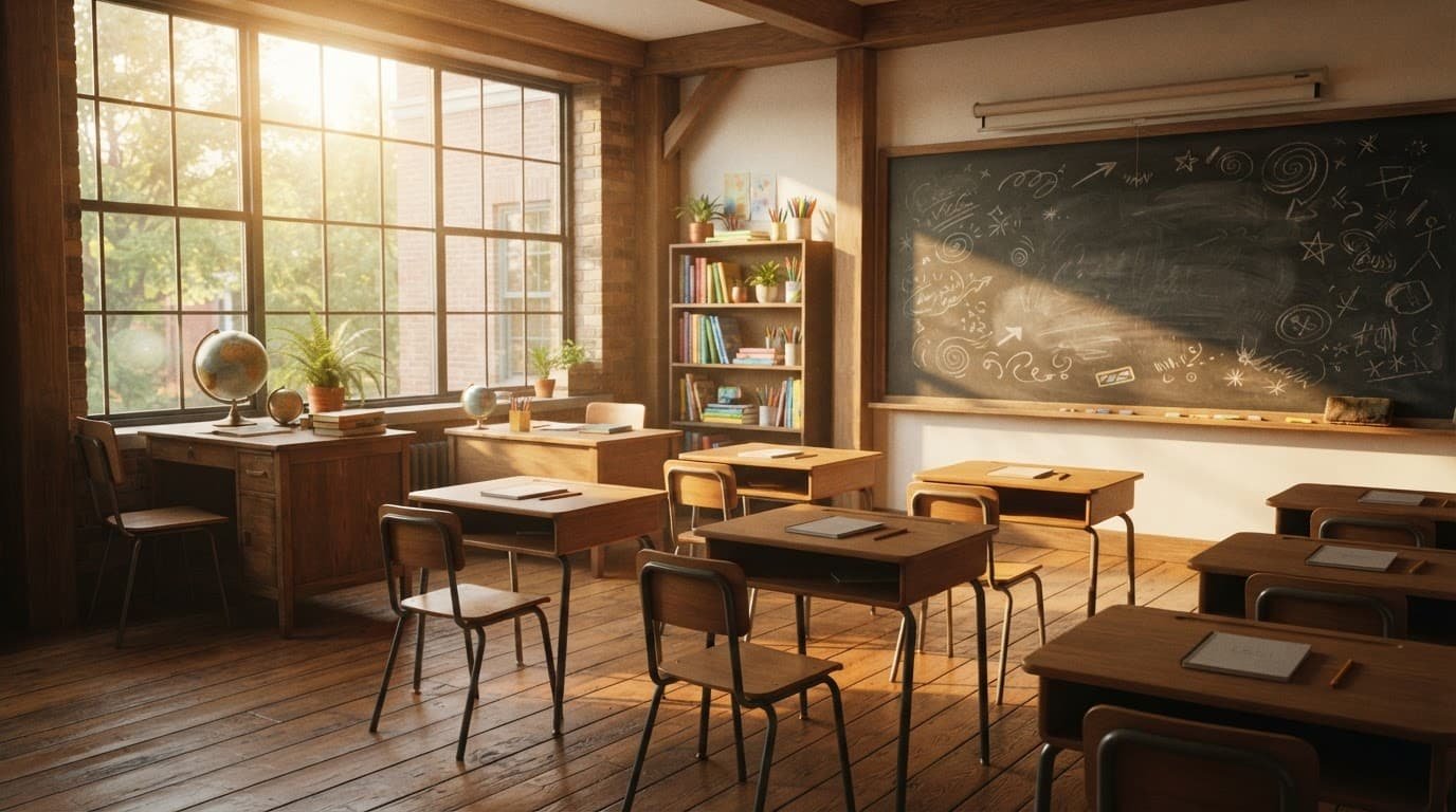 Empty classroom with wooden desks, a blackboard, and warm sunlight through a large window.