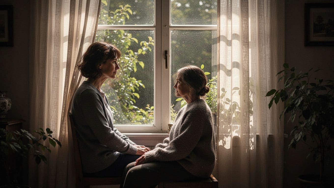 A person sits quietly beside a sunlit window in deep cinematic shadows.