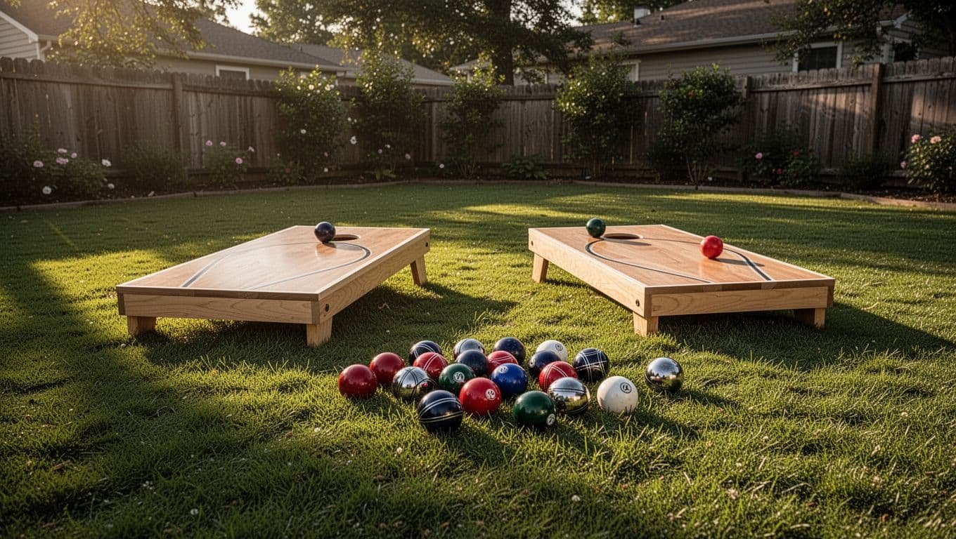 Cornhole and bocce games arranged on green grass in a sunny backyard.