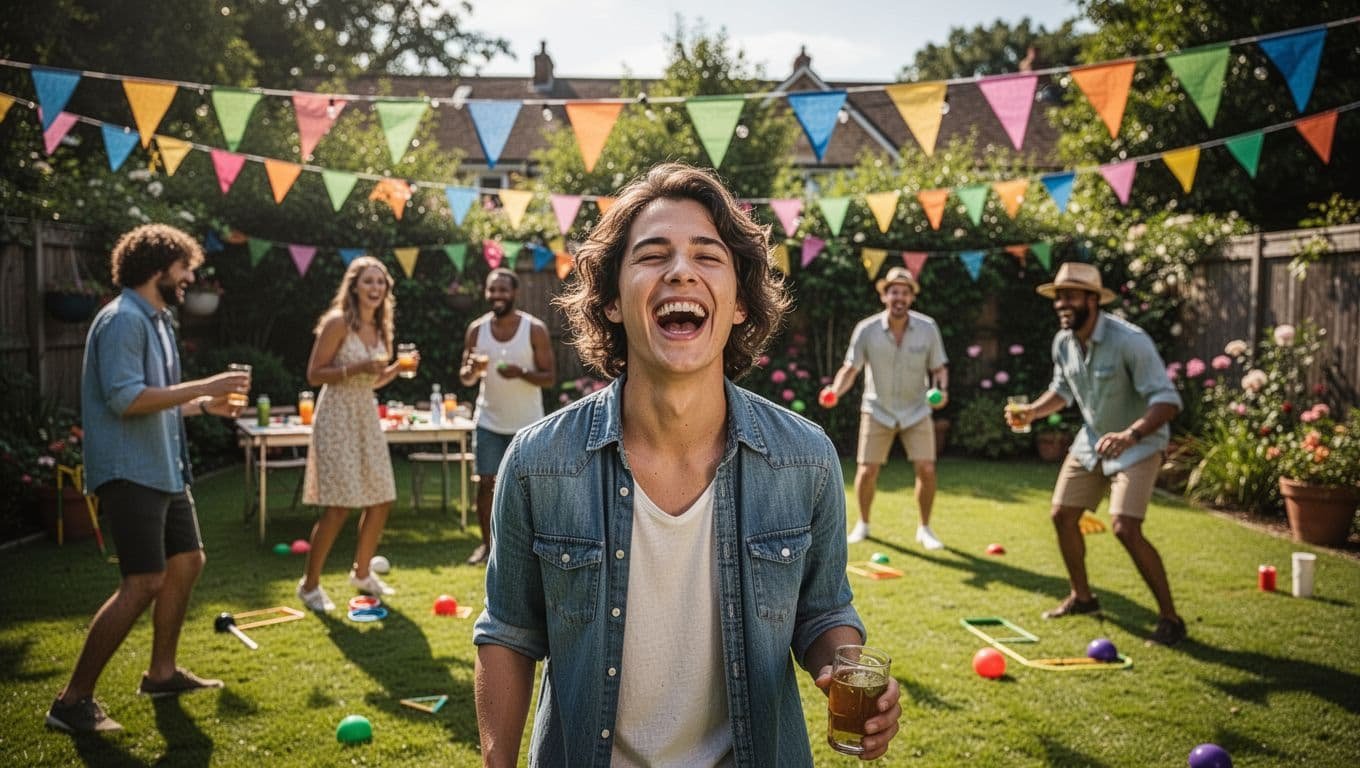 A smiling guest stands by lawn games as blurred friends gather in a sunny backyard.