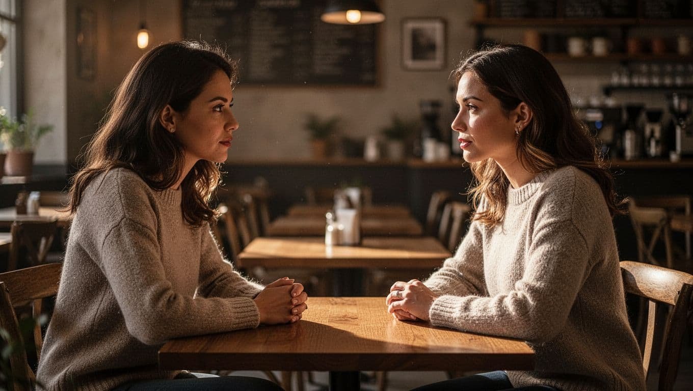 Two women talk over coffee at a warmly lit café table.