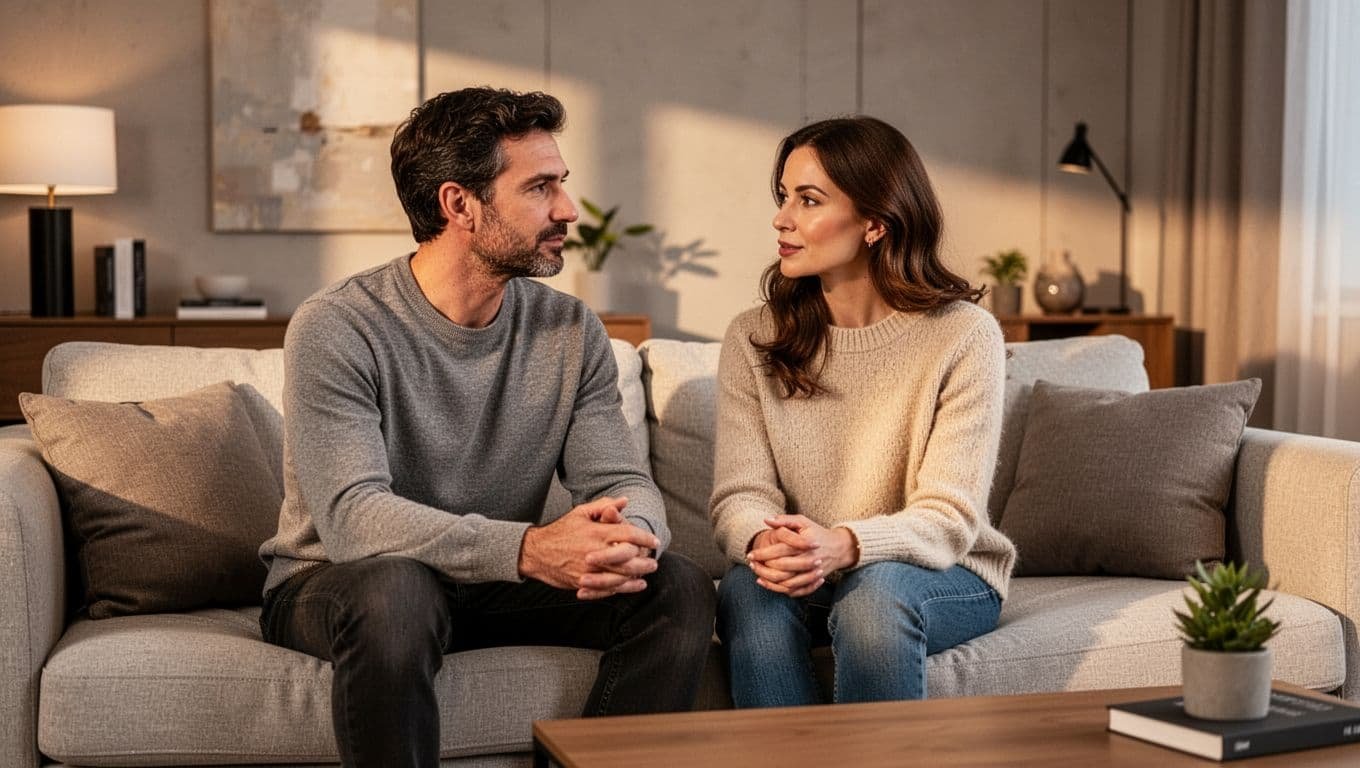 A couple sits together on a sofa, having a calm conversation in a warmly lit living room.